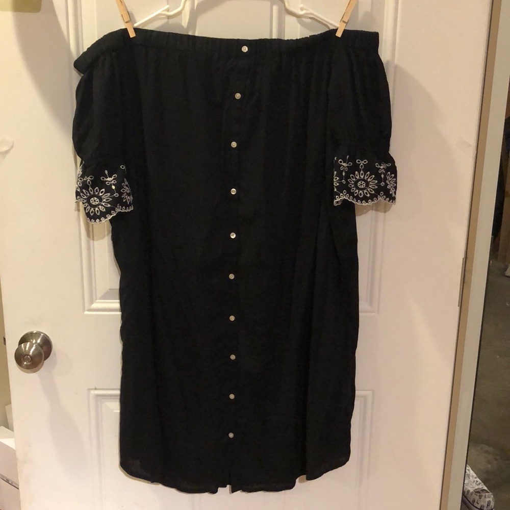 Black off the shoulder button up dress